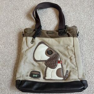CHALA Brown and White Stripe Lined Canvas Tote Bag Dog with Bowl